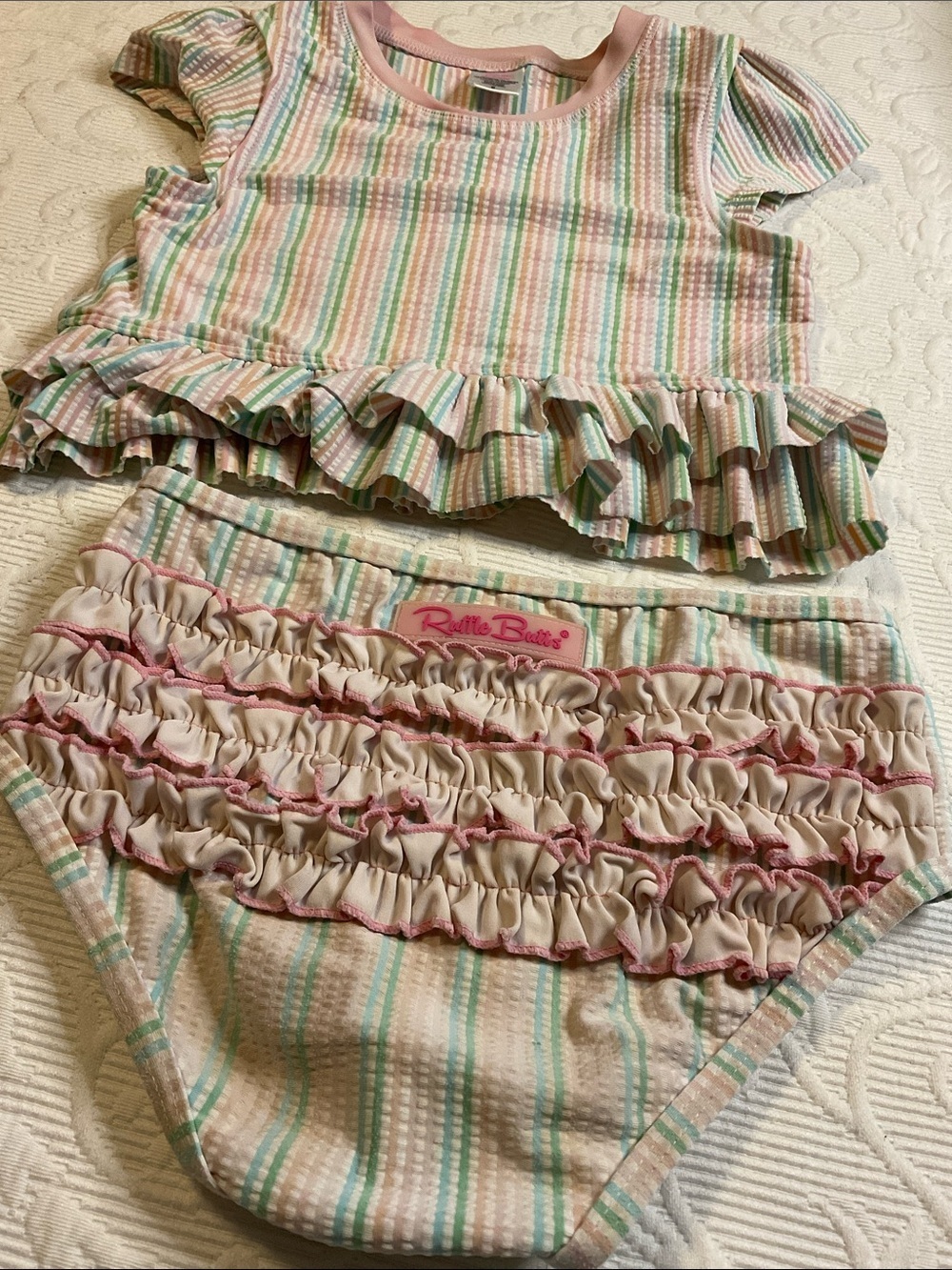 Ruffle Butts Pastel Striped Ruffle Two-Piece Swim Set size 6.